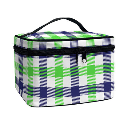 White Navy And Green Plaid Print Travel Makeup Bag