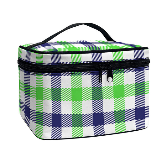 White Navy And Green Plaid Print Travel Makeup Bag