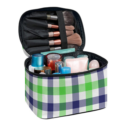 White Navy And Green Plaid Print Travel Makeup Bag