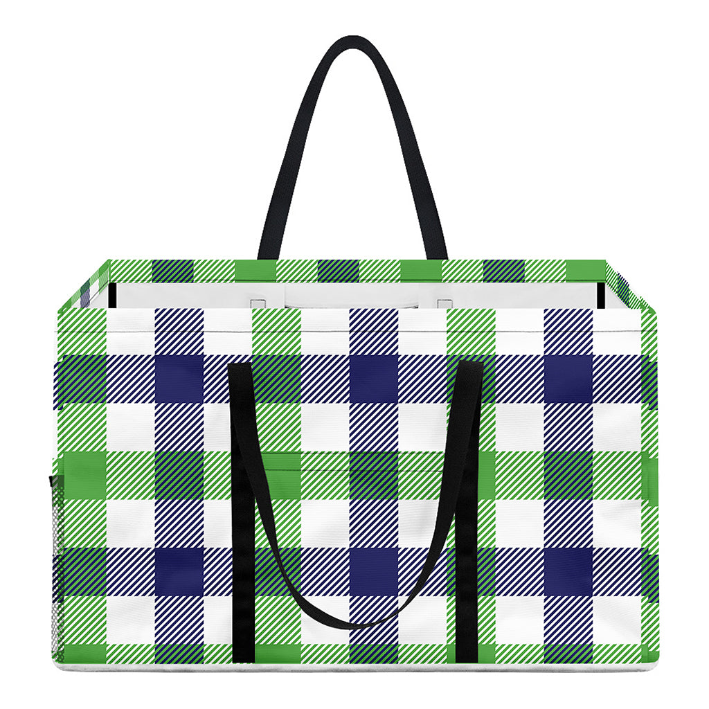 White Navy And Green Plaid Print Utility Tote Bag