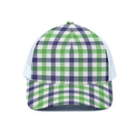 White Navy And Green Plaid Print White Mesh Trucker Cap