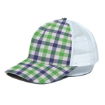 White Navy And Green Plaid Print White Mesh Trucker Cap