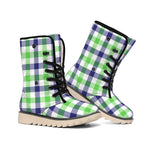 White Navy And Green Plaid Print Winter Boots