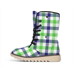 White Navy And Green Plaid Print Winter Boots