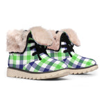 White Navy And Green Plaid Print Winter Boots