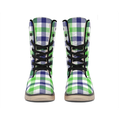 White Navy And Green Plaid Print Winter Boots