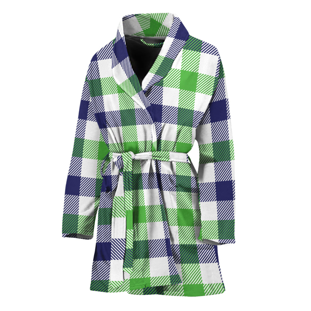 White Navy And Green Plaid Print Women's Bathrobe