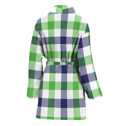 White Navy And Green Plaid Print Women's Bathrobe
