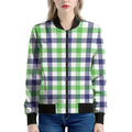 White Navy And Green Plaid Print Women's Bomber Jacket