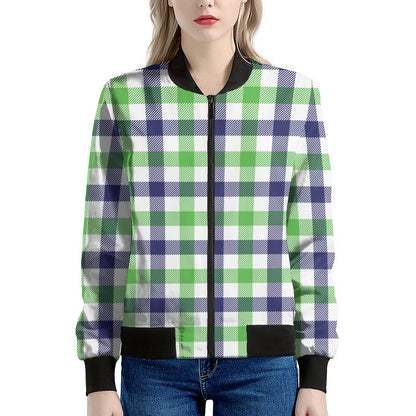 White Navy And Green Plaid Print Women's Bomber Jacket