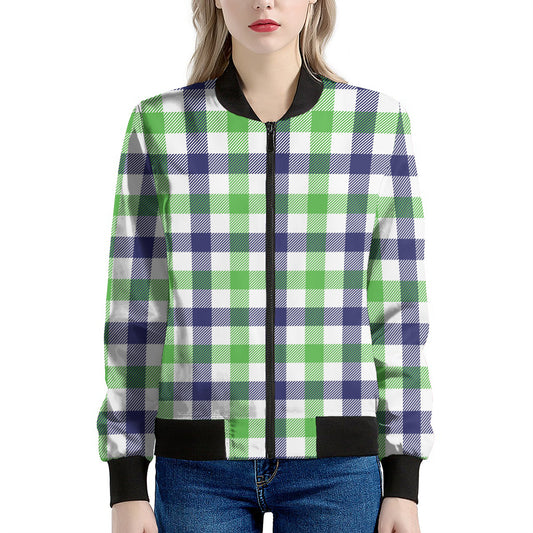 White Navy And Green Plaid Print Women's Bomber Jacket