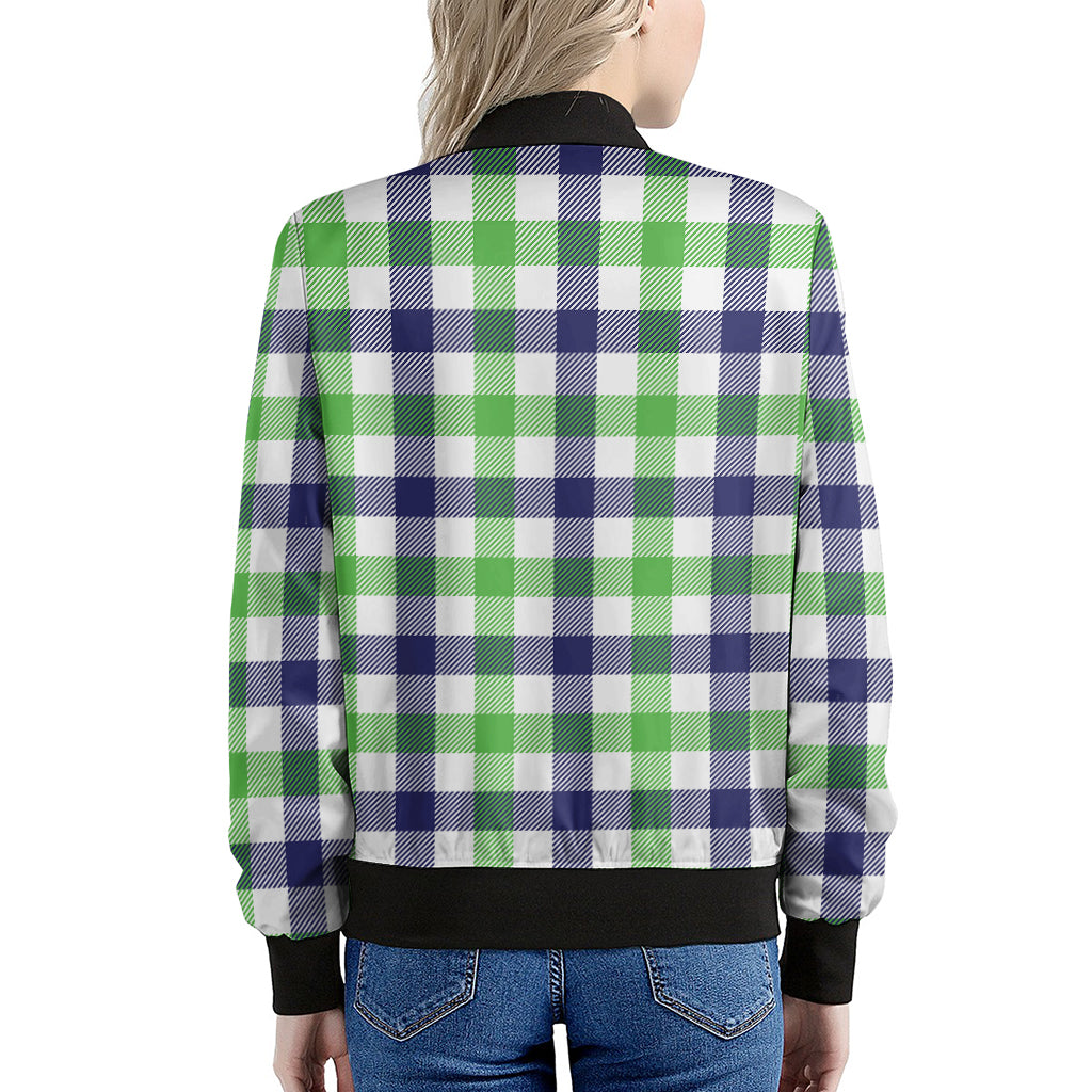 White Navy And Green Plaid Print Women's Bomber Jacket