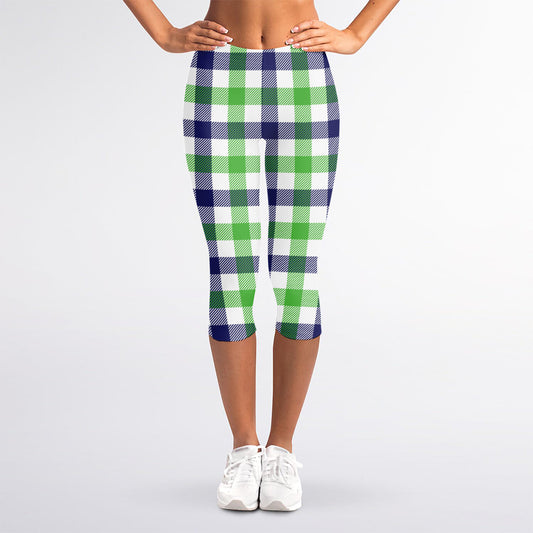 White Navy And Green Plaid Print Women's Capri Leggings
