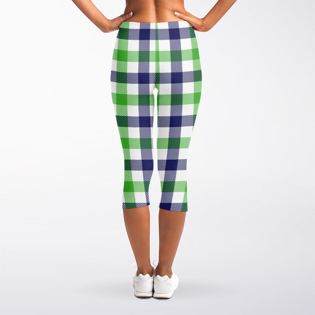 White Navy And Green Plaid Print Women's Capri Leggings