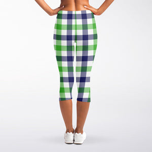 White Navy And Green Plaid Print Women's Capri Leggings