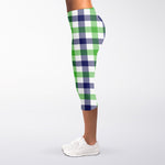 White Navy And Green Plaid Print Women's Capri Leggings