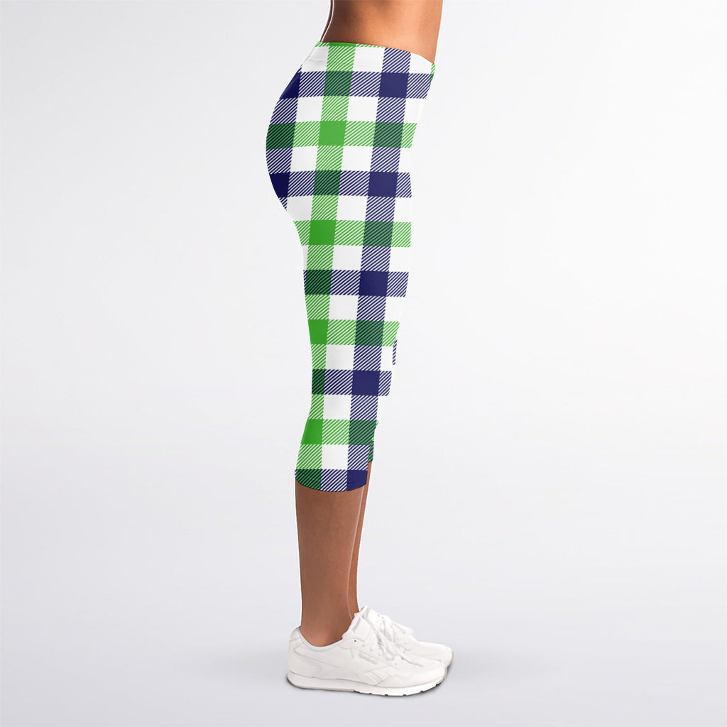 White Navy And Green Plaid Print Women's Capri Leggings