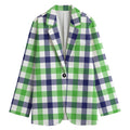 White Navy And Green Plaid Print Women's Cotton Blazer
