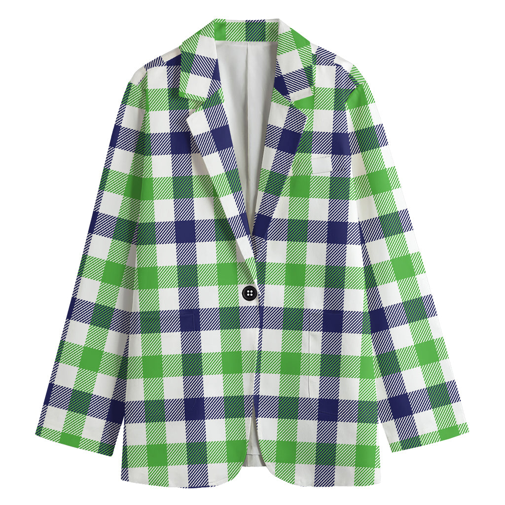 White Navy And Green Plaid Print Women's Cotton Blazer