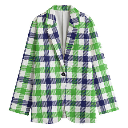 White Navy And Green Plaid Print Women's Cotton Blazer