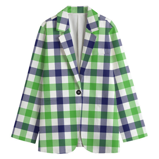 White Navy And Green Plaid Print Women's Cotton Blazer