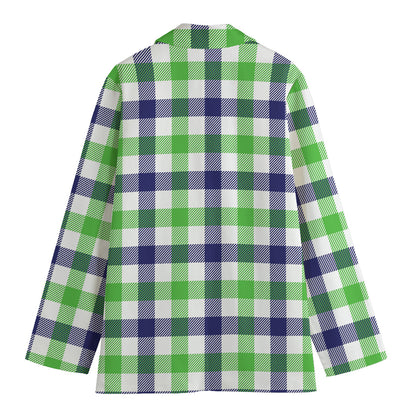 White Navy And Green Plaid Print Women's Cotton Blazer