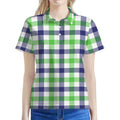 White Navy And Green Plaid Print Women's Polo Shirt