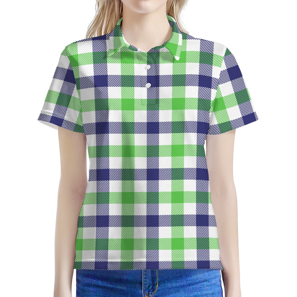 White Navy And Green Plaid Print Women's Polo Shirt