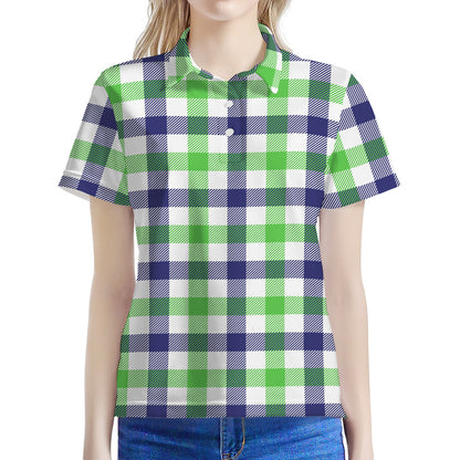 White Navy And Green Plaid Print Women's Polo Shirt