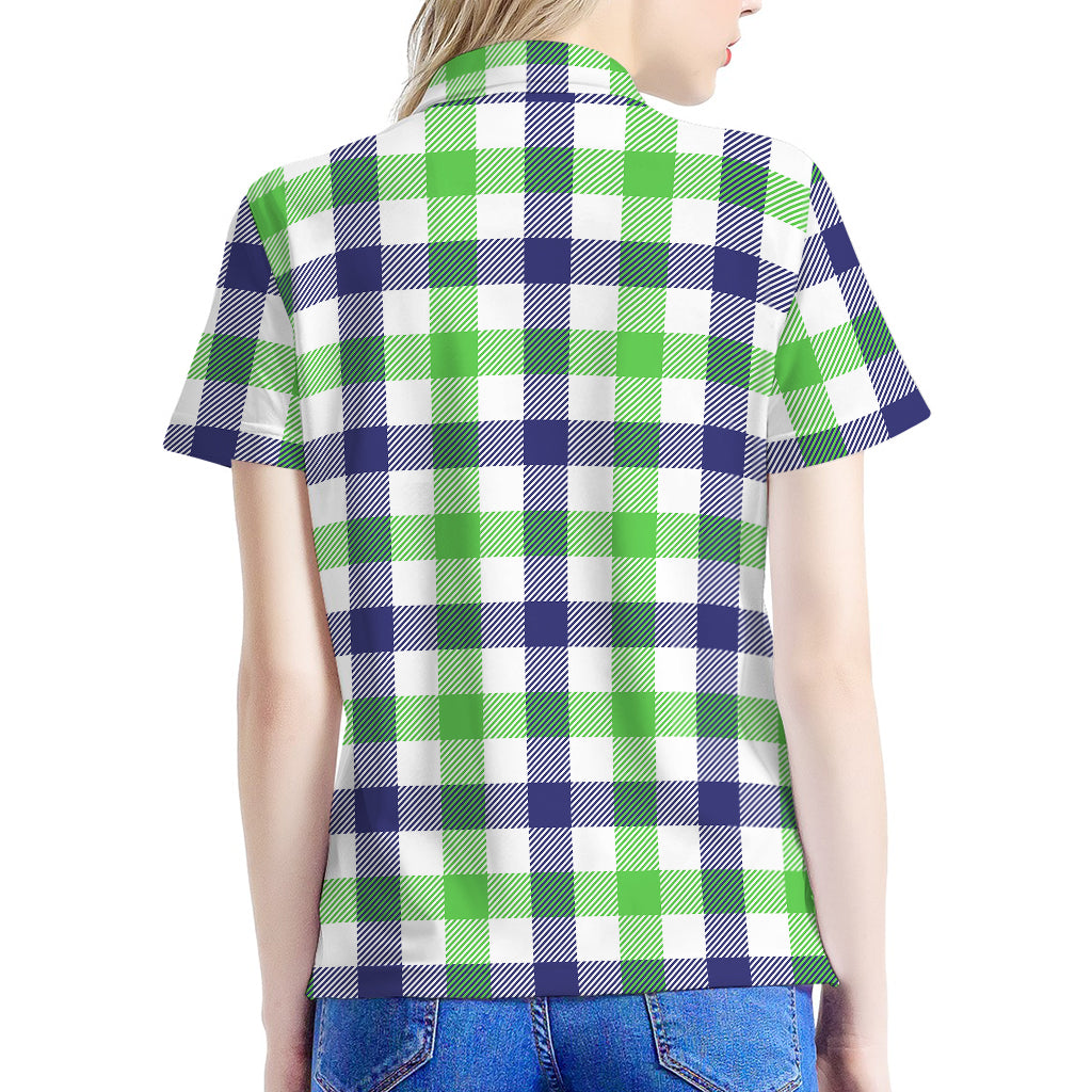White Navy And Green Plaid Print Women's Polo Shirt
