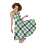 White Navy And Green Plaid Print Women's Sleeveless Dress