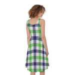 White Navy And Green Plaid Print Women's Sleeveless Dress