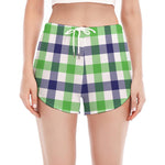 White Navy And Green Plaid Print Women's Split Running Shorts