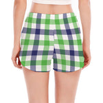 White Navy And Green Plaid Print Women's Split Running Shorts