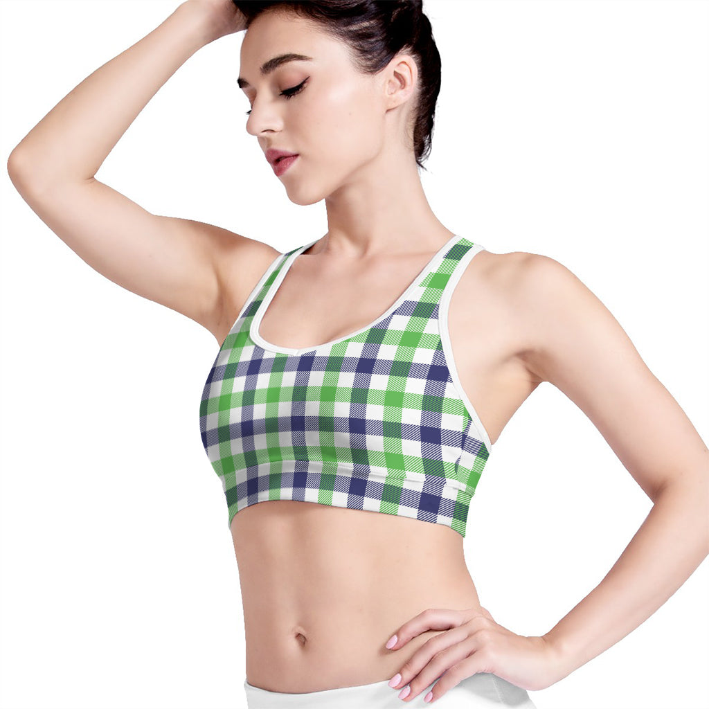 White Navy And Green Plaid Print Women's Sports Bra