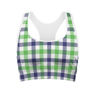 White Navy And Green Plaid Print Women's Sports Bra