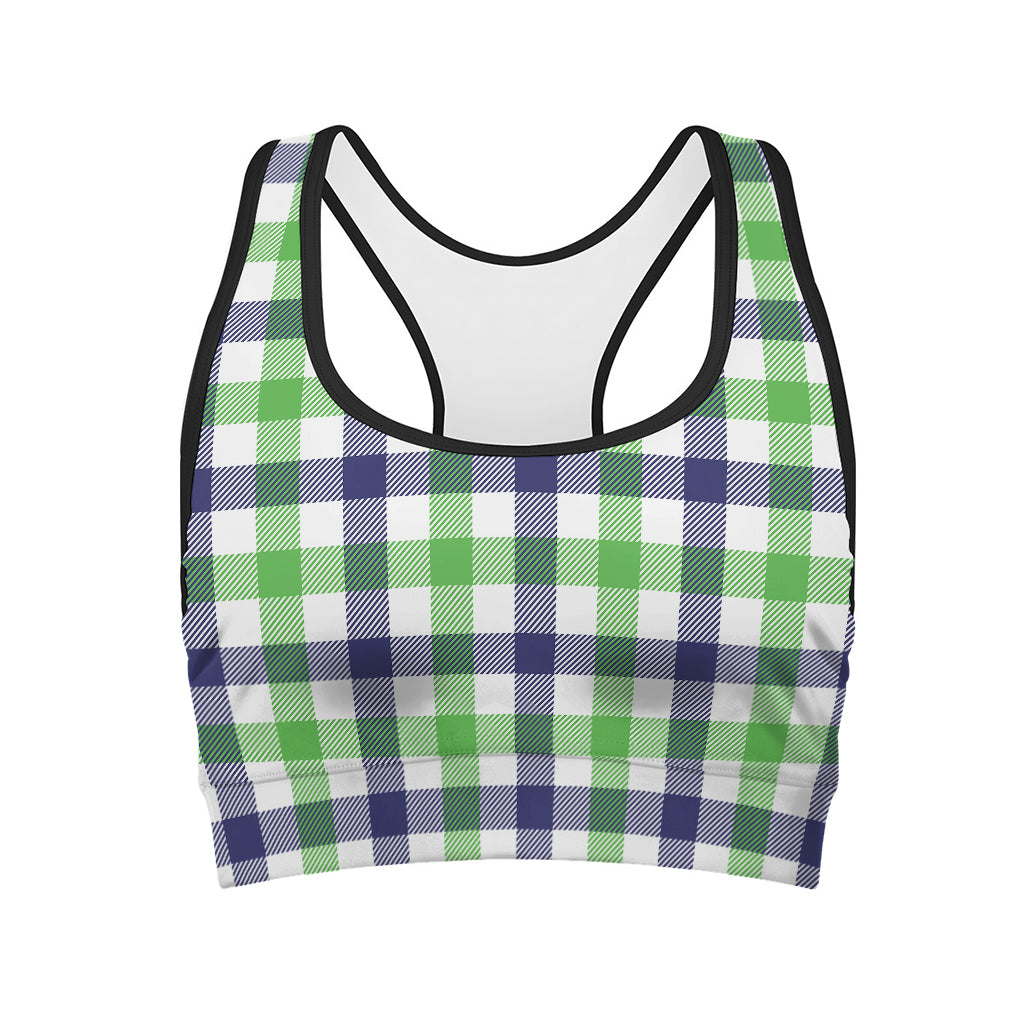 White Navy And Green Plaid Print Women's Sports Bra