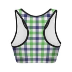 White Navy And Green Plaid Print Women's Sports Bra