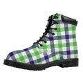 White Navy And Green Plaid Print Padded Collar Lace Up Boots
