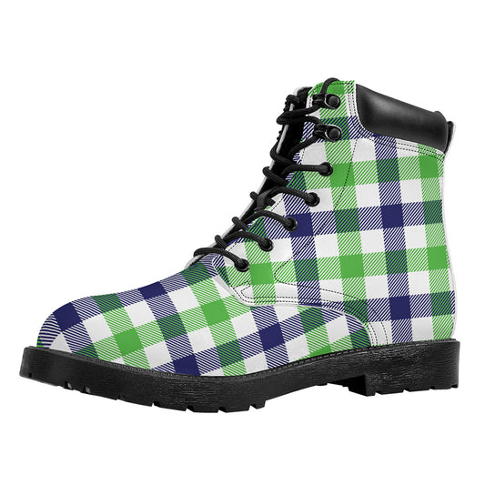 White Navy And Green Plaid Print Work Boots