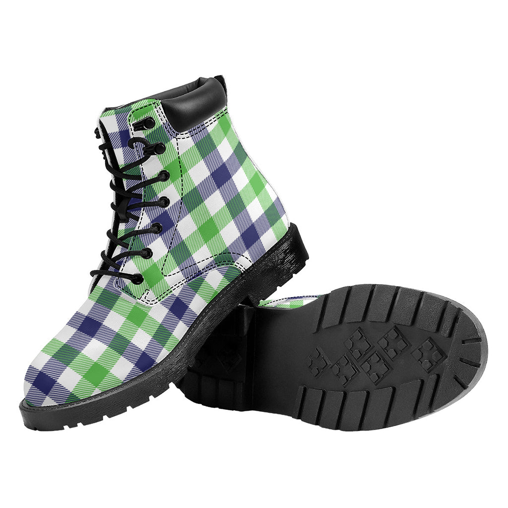 White Navy And Green Plaid Print Work Boots