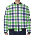 White Navy And Green Plaid Print Zip Sleeve Bomber Jacket