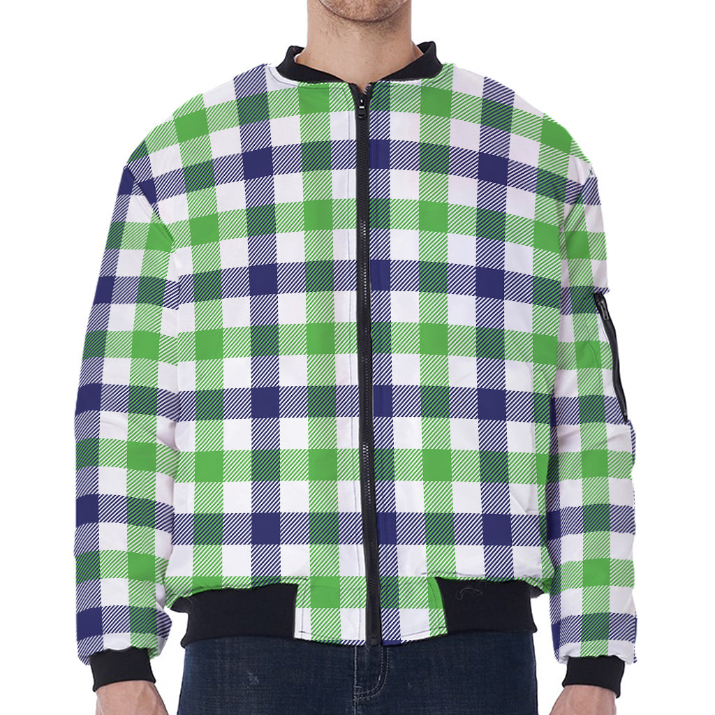 White Navy And Green Plaid Print Zip Sleeve Bomber Jacket