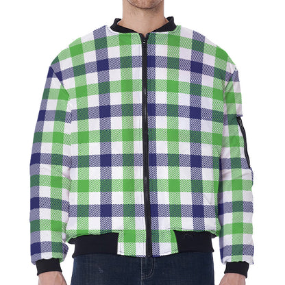 White Navy And Green Plaid Print Zip Sleeve Bomber Jacket