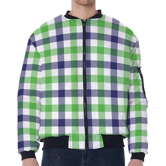White Navy And Green Plaid Print Zip Sleeve Bomber Jacket