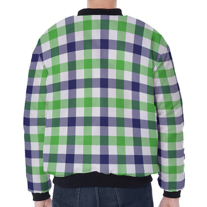 White Navy And Green Plaid Print Zip Sleeve Bomber Jacket