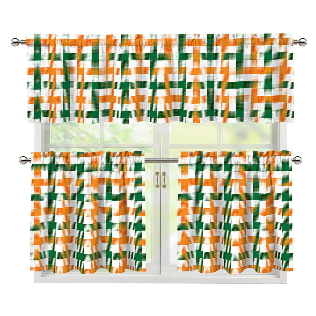 White Orange And Green Plaid Print 3 Piece Kitchen Curtains
