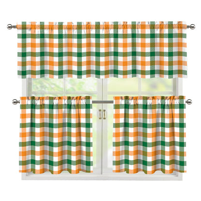 White Orange And Green Plaid Print 3 Piece Kitchen Curtains