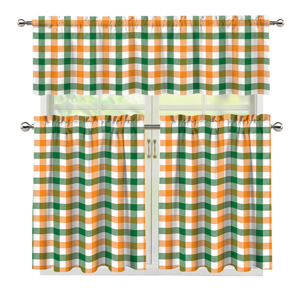 White Orange And Green Plaid Print 3 Piece Kitchen Curtains