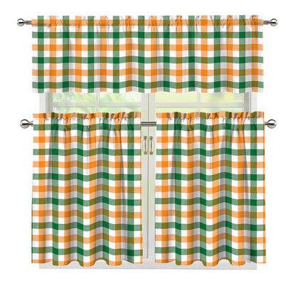 White Orange And Green Plaid Print 3 Piece Kitchen Curtains